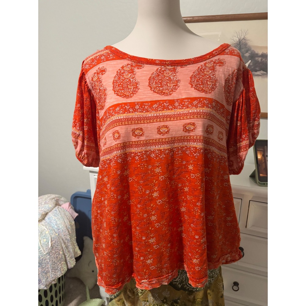 Free People Boho Paisley Oversized Top Orange Pink Scoop Back Short Sleeve XL